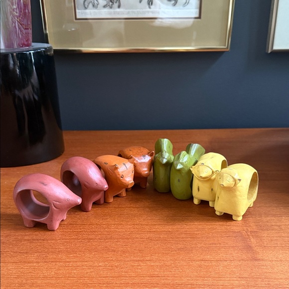 Vintage Other - Pier 1 Imports Country Farm Animals Wood Napkin Rings Set Pig Sheep Cow Chicken